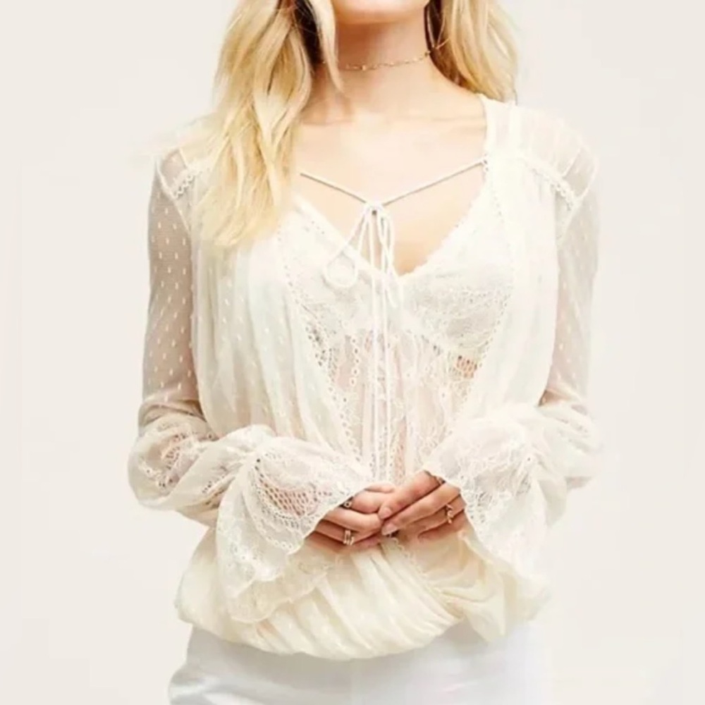 Free People Far Away Lace Blouse Medium Cream Sheer Boho Romantic Top - Picture 5 of 16